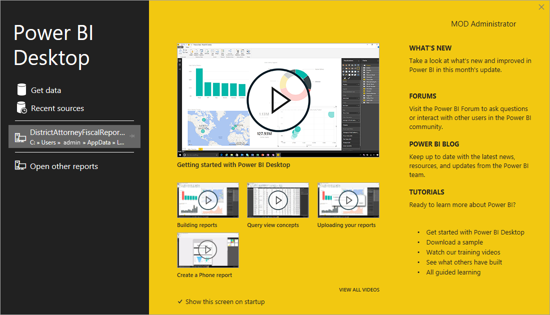 시작 화면을 보여 주는 Power BI Desktop 설치의 스크린샷.