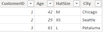 Customer ID, Age, Hat Size, 및 City 제목이 있는 세 개의 열을 보여 주는 스크린샷