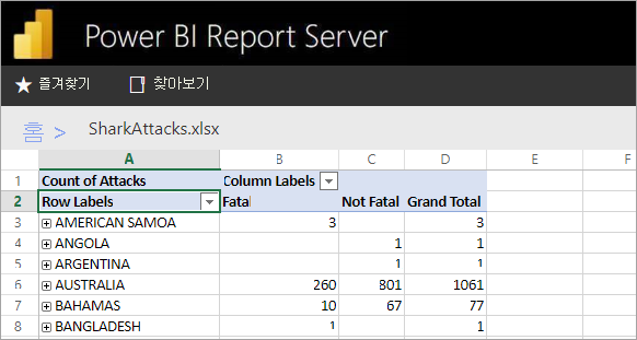 보고서 서버 웹 포털에서 보이는 Excel 보고서