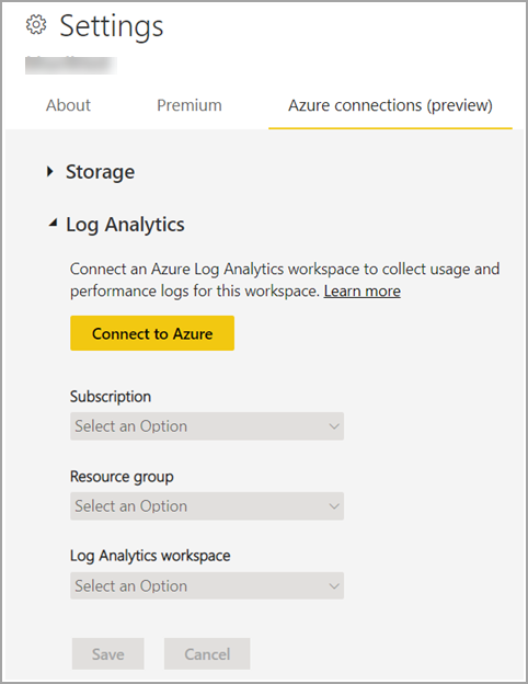 설정 창에 열려 있는 Azure 연결 탭의 스크린샷. Log Analytics가 확장되어 있음.