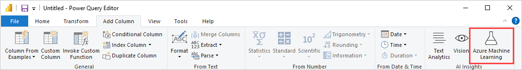 스크린샷은 파워 쿼리 편집기의 Azure Machine Learning 단추를 보여줍니다.