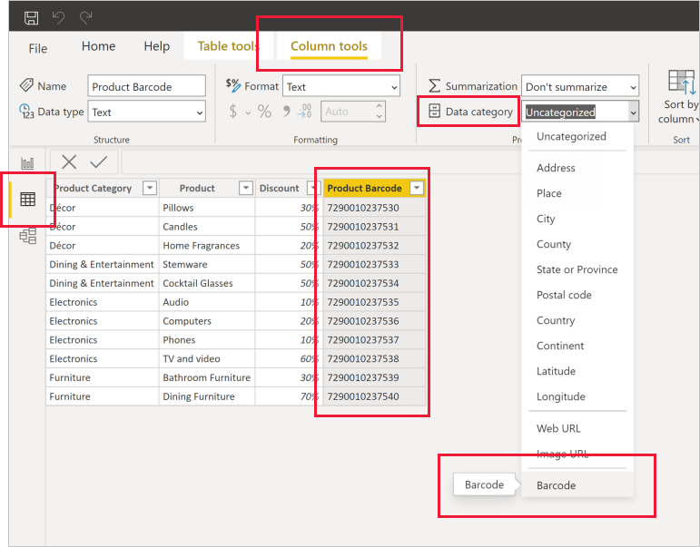 Power BI Desktop의 테이블 보기에서 열 도구 탭을 보여주는 스크린샷, 데이터 범주 드롭다운이 선택되고 바코드가 강조 표시됩니다.