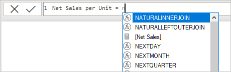 수식 입력줄에서 Net Sales를 사용하는 스크린샷.