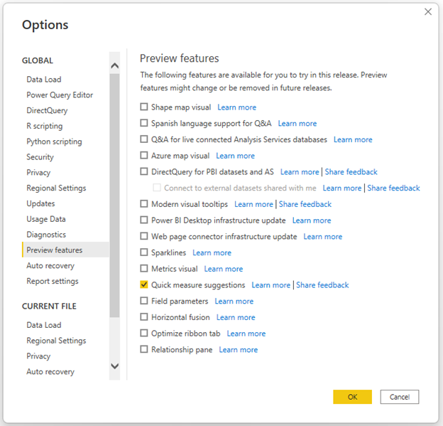 Power BI Desktop의 옵션 메뉴에서 미리 보기를 사용하도록 설정하는 방법의 스크린샷