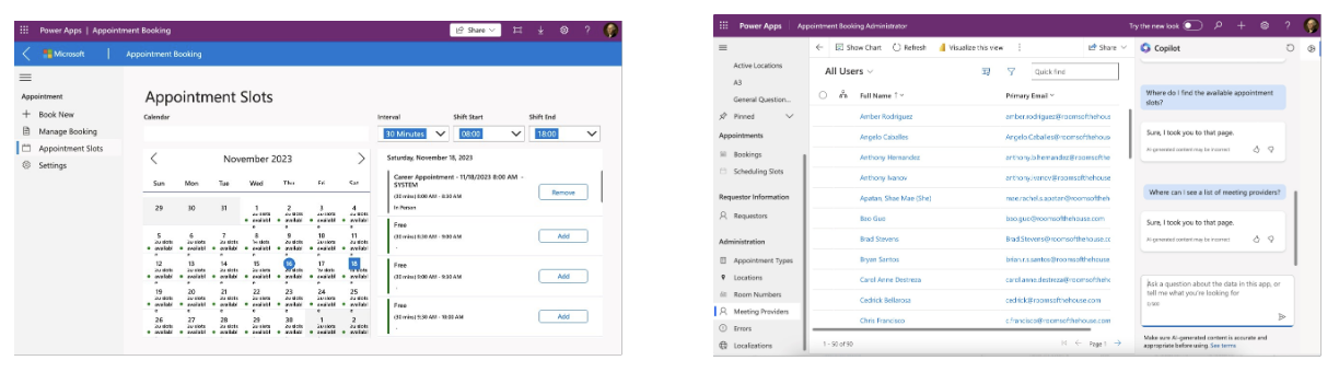 약속 예약 캔버스 앱의 약속 슬롯 화면의 스크린샷과 Microsoft Copilot 패널이 열려 있는 모델 기반 앱의 스크린샷.