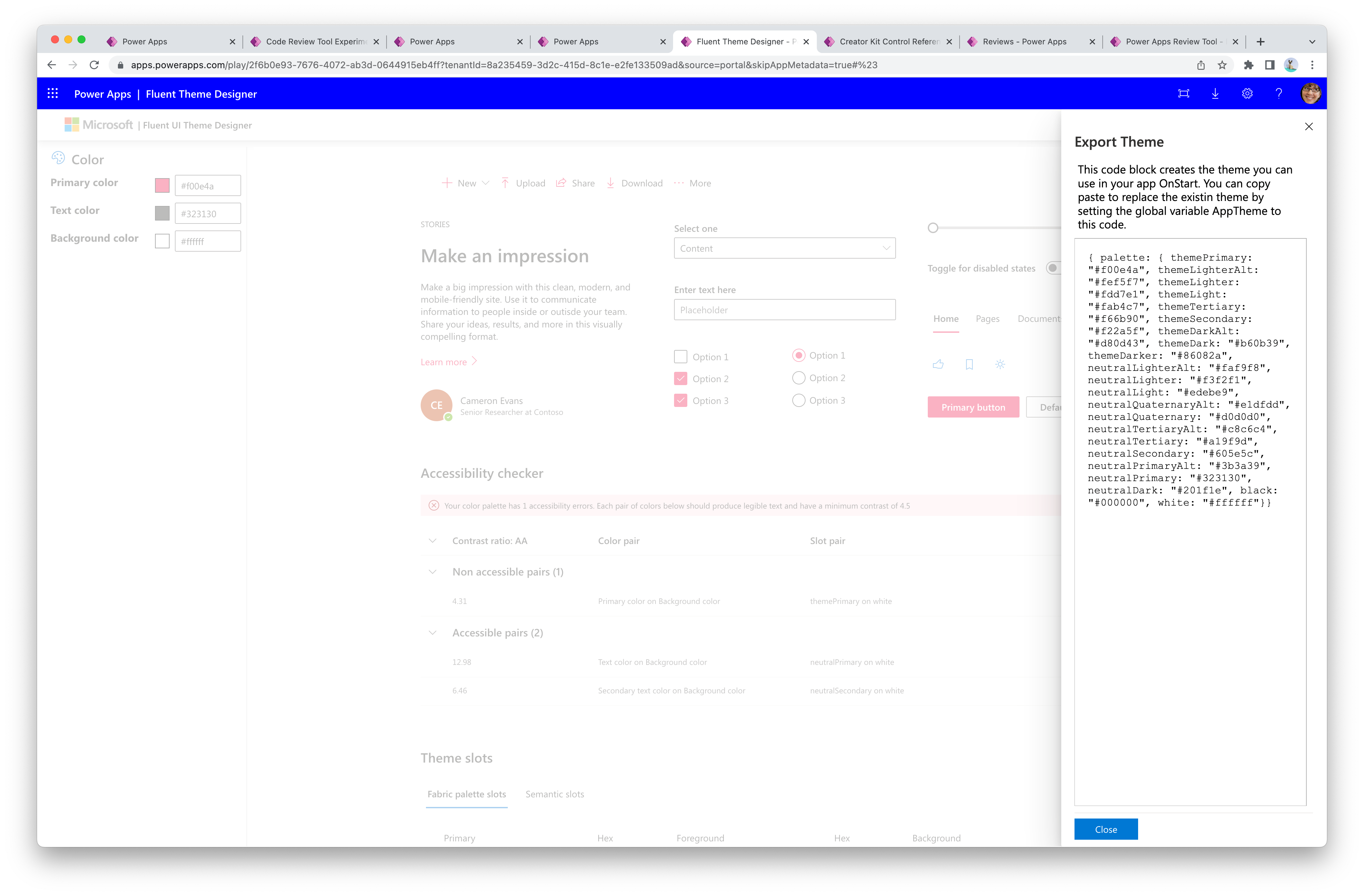 테마 편집기 앱 생성 테마 JSON.