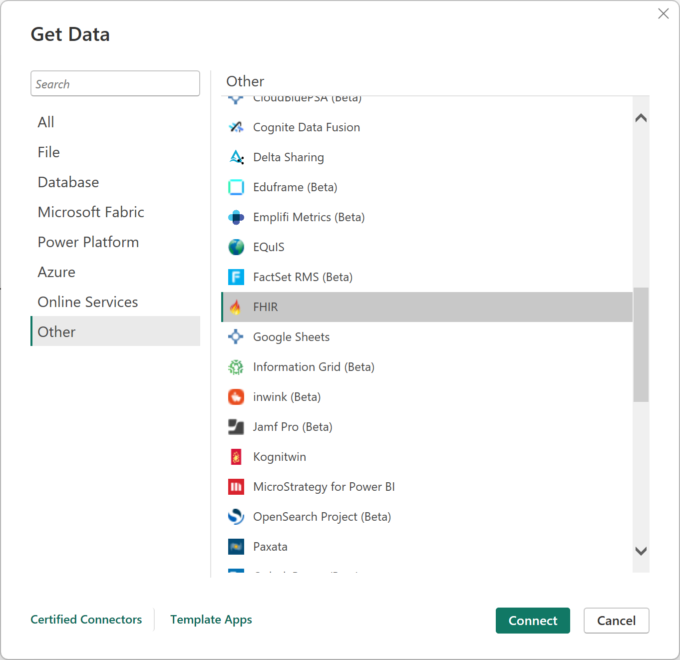 Screenshot of the Get Data dialog with the Other category and the FHIR connector emphasized.