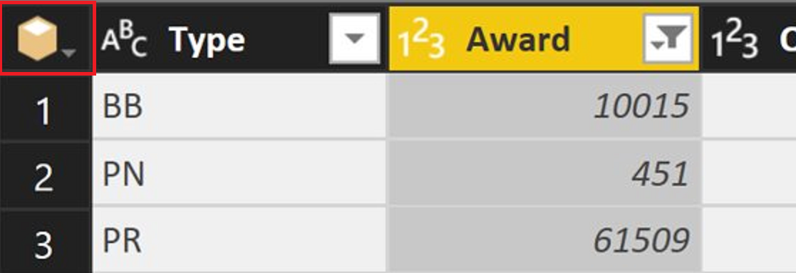 행 번호 열의 맨 위에 있는 큐브 아이콘을 강조하여 파워 쿼리에서 현재 보기의 왼쪽 스크린샷