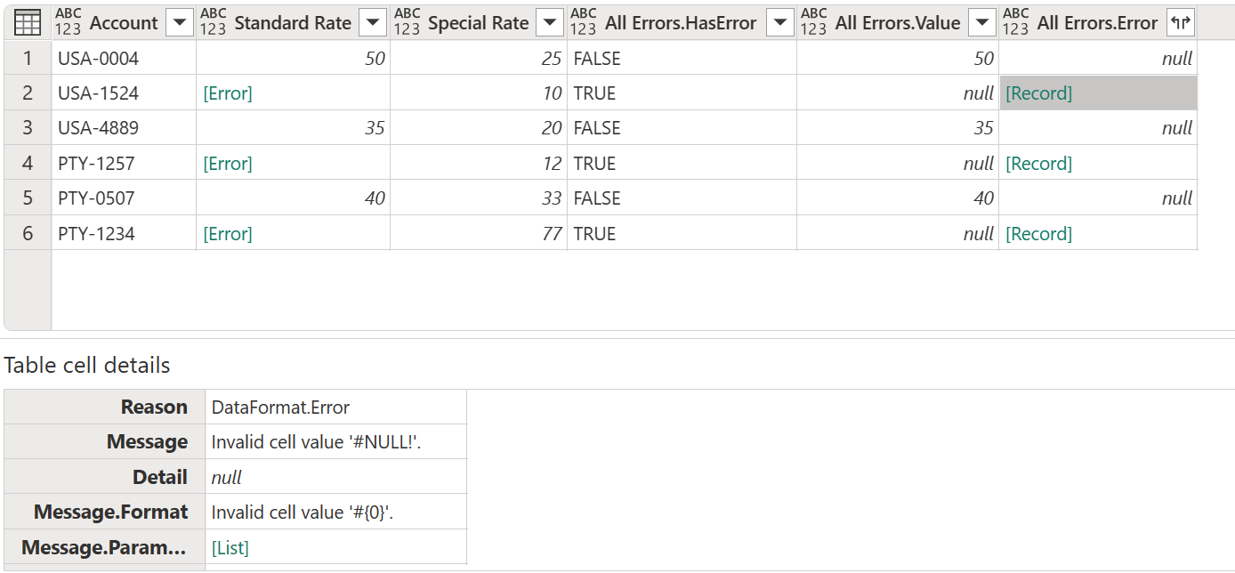 하나의 All.Errors.Error 값이 선택되어 있고 테이블 아래에 오류 메시지가 표시된 열에 새 필드가 있는 테이블의 스크린샷