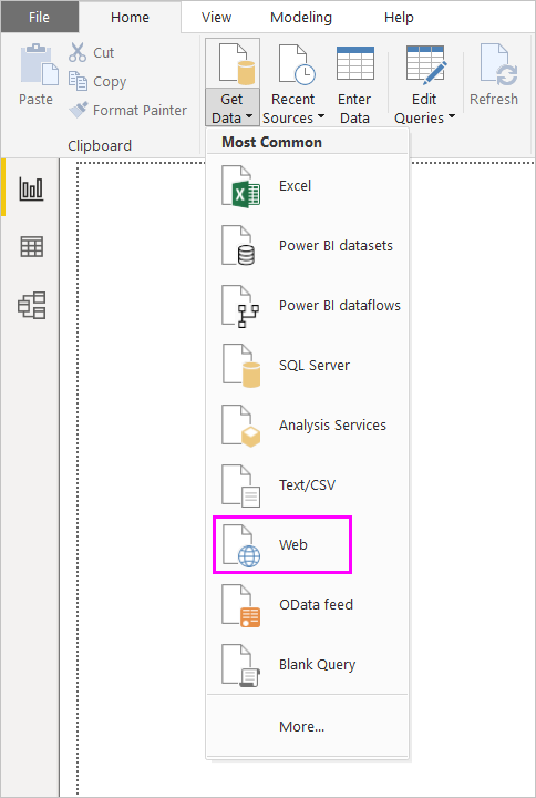 웹 선택을 보여 주는 Power BI Desktop의 데이터 가져오기 리본의 스크린샷.