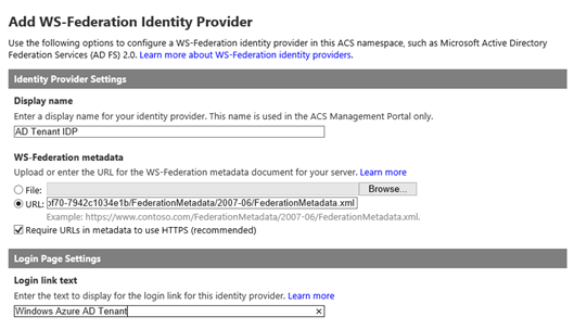 Enter the Federation Metadata URL