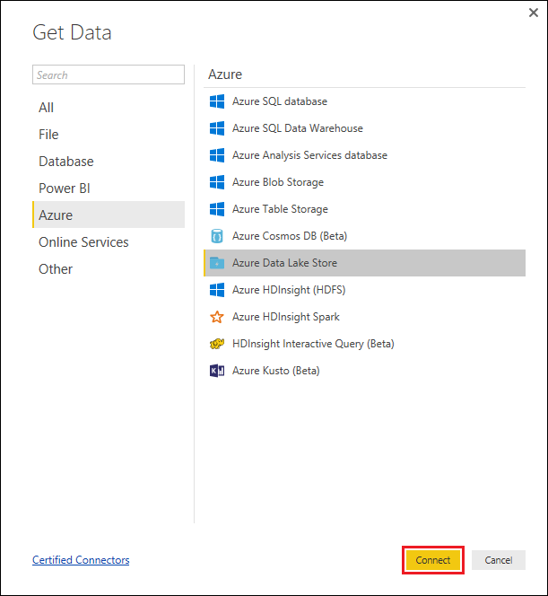 Azure Data Lake Store 옵션이 강조 표시되고 및 연결 옵션이 호출된 데이터 가져오기 대화 상자의 스크린샷