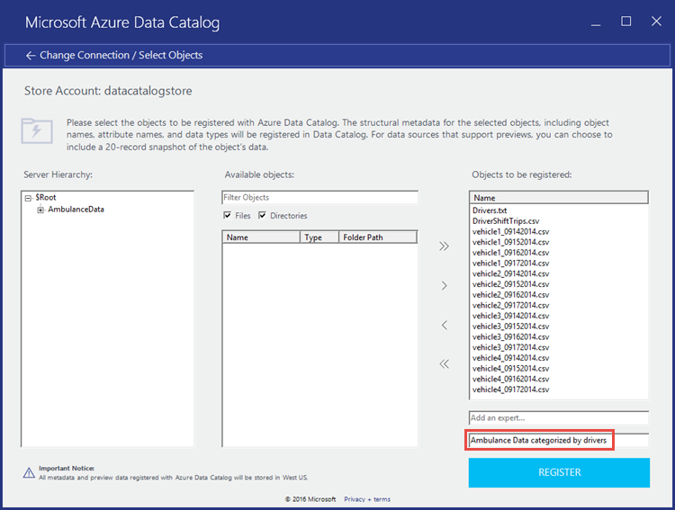 설명선으로 표시된 데이터에 추가된 태그가 있는 Microsoft Azure Data Catalog - 저장소 계정 대화 상자 스크린샷.