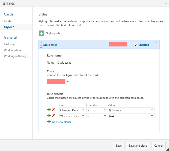 taskboard, Style dialog, example style rule