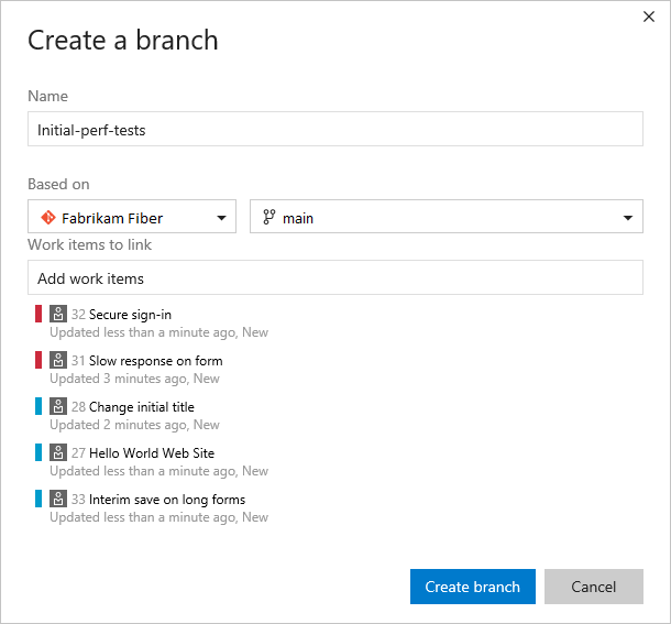 Create new branch dialog