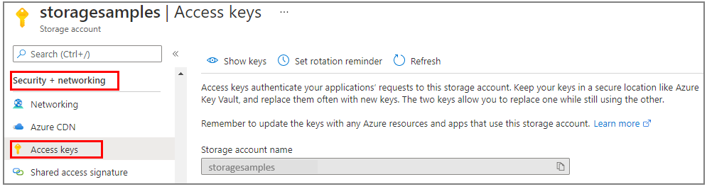 Azure Portal에서 액세스 키 설정이 있는 위치를 보여 주는 스크린샷