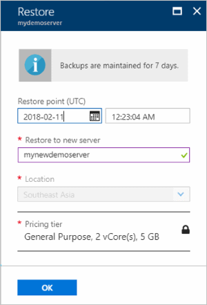 Azure Database for MariaDB - Restore information