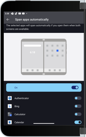 Settings app showing Span Apps Automatically toggle