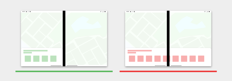 Diagram shows bottom sheets displayed on one screen in order avoid spanning sheets under the hinge.