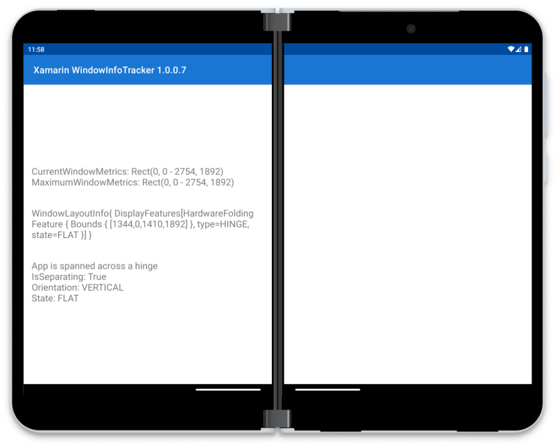 Surface Duo showing Window Manager sample running, and showing device info on the screen