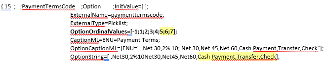 Screenshot that shows Cash Payment, Transfer, Check highlighted in the Option String field. 5 6 7 is highlighted in the Option Ordinal Values field.