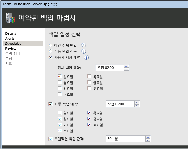 미리 구성된 일정 또는 사용자 지정 일정 선택