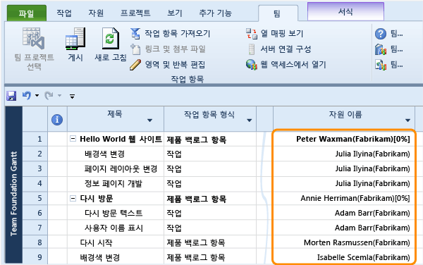 TFS 및 AD에서 정의된 프로젝트의 리소스 할당