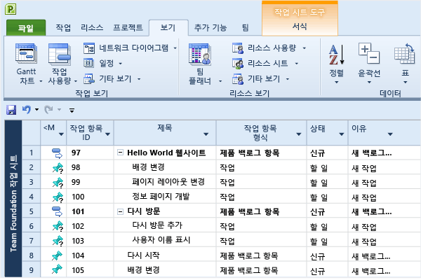 Team Foundation 작업 시트 뷰