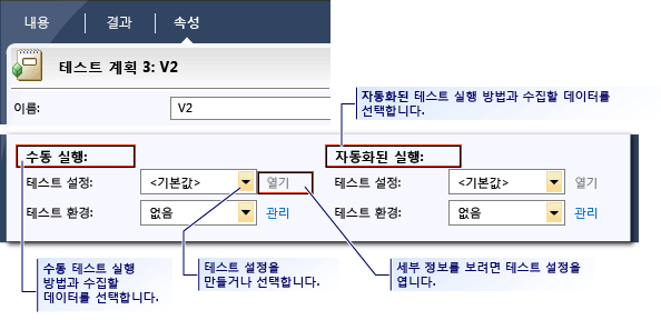 테스트 계획의 Microsoft Test Manager 테스트 설정