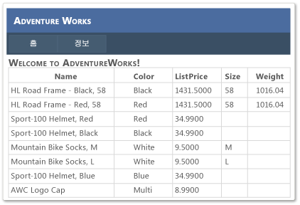 Appearance 열이 있는 Adventure Works 홈 페이지