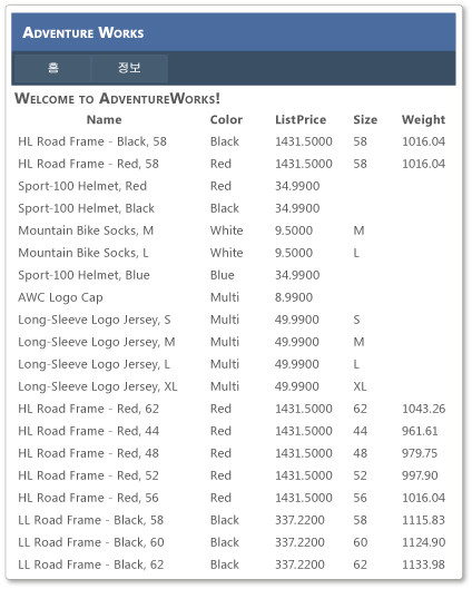 Adventure Works 웹 응용 프로그램 기본 페이지