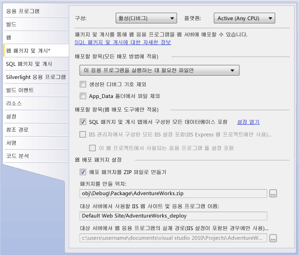 웹 패키지 및 게시 탭