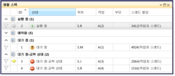 병렬 스택 창의 그룹화된 스택