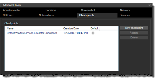 Windows Phone 에뮬레이터의 체크포인트 탭