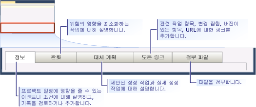 CMMI 위험 작업 항목 폼 - 탭