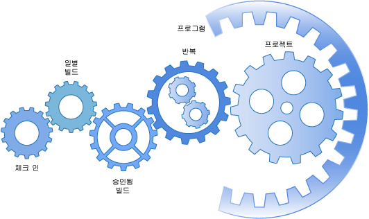 체크 인, 매일 빌드, 반복, 프로젝트, 프로그램