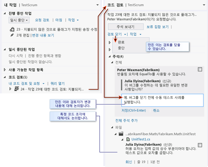 My Work page - code review item. Code Review page - Overall comment, file comment, Close Review link.