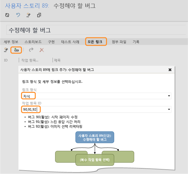 사용자 스토리에 여러 개의 버그 연결