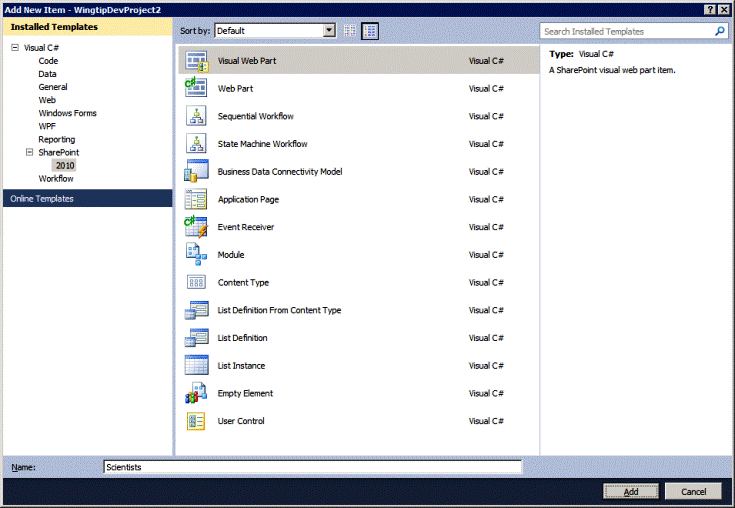 Add New Item dialog supplies a folder of templates