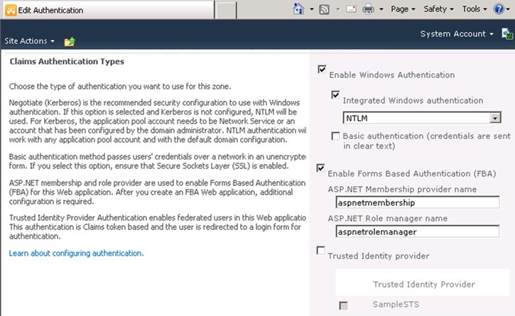 Selecting claims authentication types