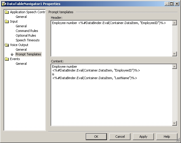 DataTableNavigator header and content prompt templates