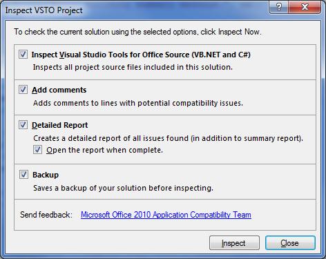 Inspect VSTO Project 대화 상자