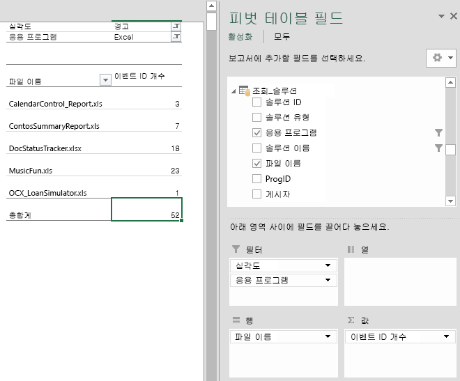 경고 심각도의 Excel 문제가 사용자 지정 보고서에 표시되는 방식을 표시합니다. 한 열에는 파일 이름이 표시되고, 다른 열에는 경고 이벤트 수가 표시됩니다.