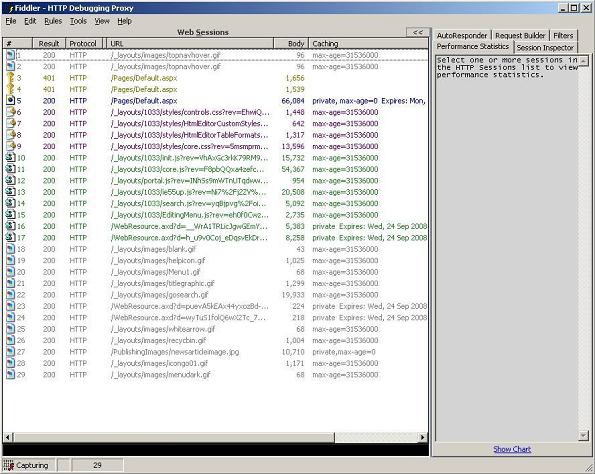 SharePoint 사이트에 대한 Fiddler 결과