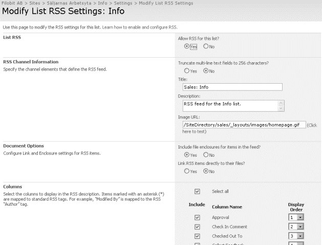 라이브러리에 대한 RSS 구성 페이지