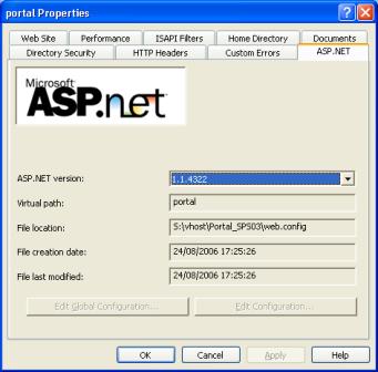 웹 사이트 속성 - ASP,NET 탭