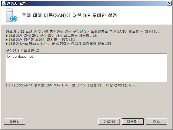 SAN에 대한 SIP 도메인 설정 대화 상자