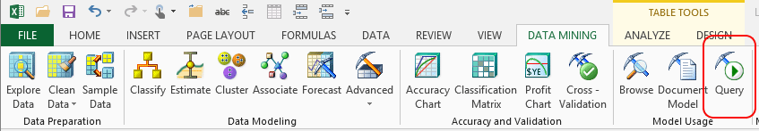 쿼리 모델 단추, 데이터 마이닝 리본 쿼리
