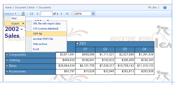 도구 모음 및 보고서가 있는 보고서 뷰어 웹 파트