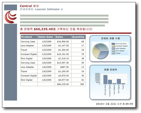 테이블, 차트 및 계기가 포함된 자유 형식 보고서